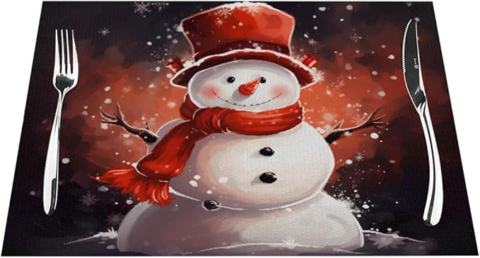PVC Placemats Set of 1 Wipeable Table Mats Washable Heat Resistant Non Slip Vinyl Dining Table Mat for Kitchen Indoor Outdoor Patio Farmhouse Place Mats Christmas Snowman Red Decorative