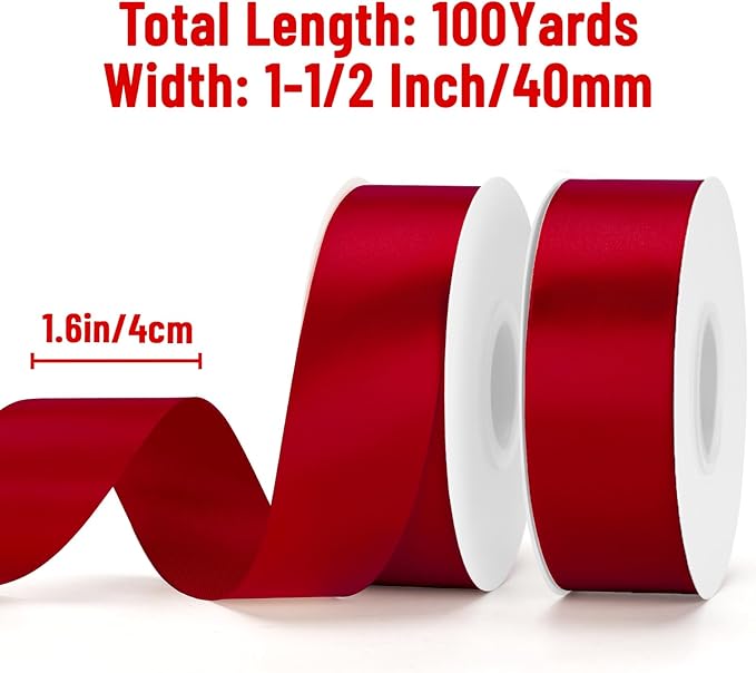 KINGLAKE Red Satin Ribbon - 1 1/2'' x 100 Yards Polyester Red Ribbon for Gift Wrapping, Wedding, Party Decoration, DIY Crafts, Floral Bouquets and Wreath Bows