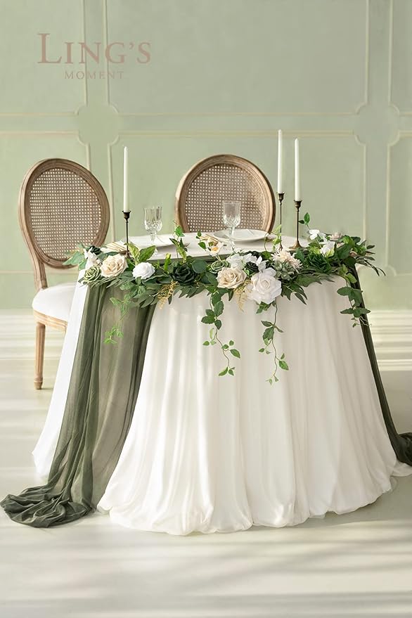 Ling's moment Summer Green Flower Garland - 6FT Eucalyptus & Rose - Sweetheart Table Decor for Wedding Reception, Artificial Floral Garland for Mantle, Christmas Decoration, Emerald & Tawny Beige