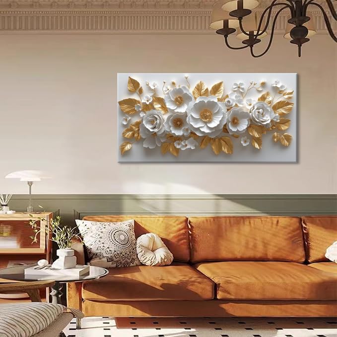 IDAFU Flower Wall Art White Foral and Golden Leaves Wall-décor White Wall Art Floral Painting Pictures for Living Room Bathroom Bedroom Kitchen Office Cuadros Decorativos Para Sala Decor 30L x 16W