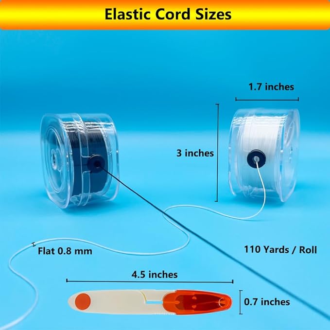 Elastic Cord for Bracelets, 2 Rolls 0.8mm Flat Stretchy Bracelet String, 220 Yards Elastic String for Jewelry Making with Organizing Case and Scissors