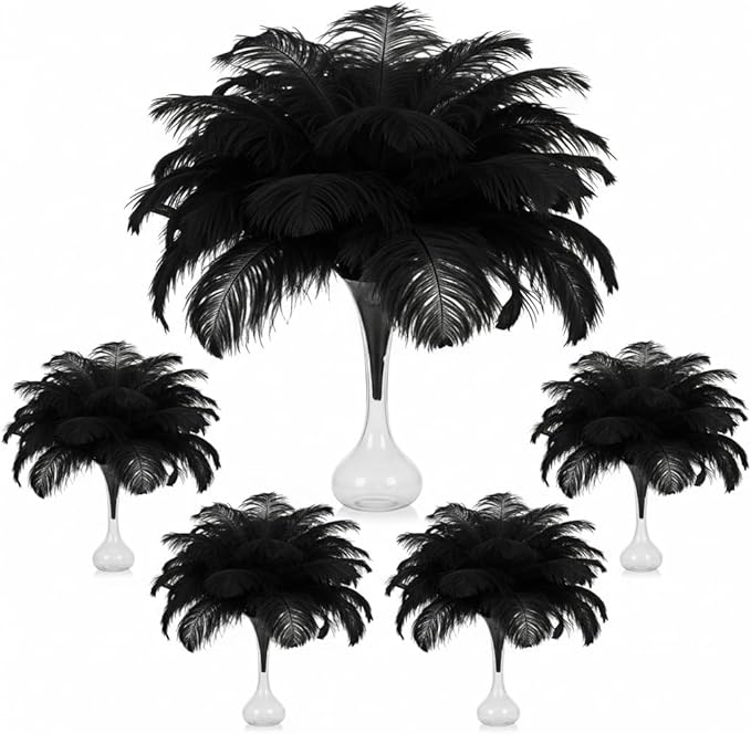 Lamar 100 Pcs Black Ostrich Feathers 14-16'' 12-14'' 10-12'' 8-10'' Bulk for Wedding Centerpieces, Event Decor, Floral Arrangement, Home Decor (Black)