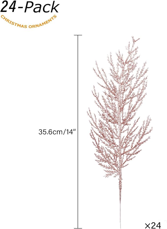 Christmas Glitter Twig 24pcs Artificial Pine Tree Picks for Christmas Tree Ornaments fillers, DIY Xmas Wreath, Crafts, Garland, Holiday, Party, Wedding and Home Decoration (Rose Gold)