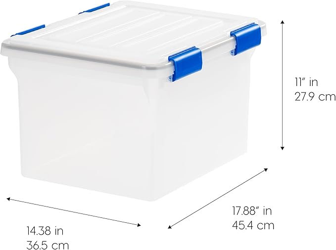 IRIS USA File Box, WeatherPro File Organizer for Letter/Legal File, Water Resistant Document Box, Plastic Gasket File Box With Tight Latch and Seal, Stackable Nestable, Clear/Blue 32 Qt. 3 Pack