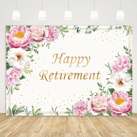 Happy Retirement Backdrop for Women Pink Rose Gold Dots Retirement Party Banner White Floral Greenery Leaves Decoration Lady's Retirement Party Decor Congrats Retire Photo Booth Props(7x5ft)