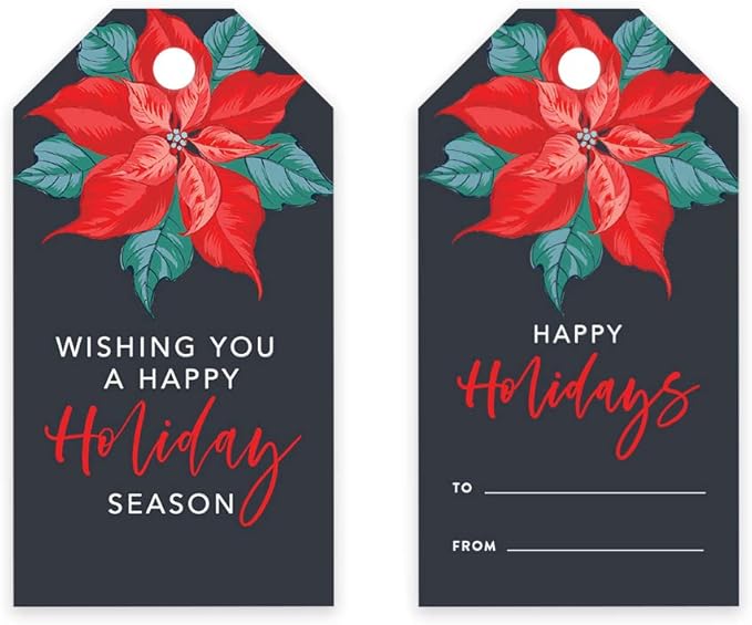 Andaz Press Christmas Holiday Season Classic Gift Tags, Happy Holidays to from and Wishing You A Happy Holiday Season, Christmas Poinsettia Design, for Holiday Events, Parties, and Favors, 60-Pack