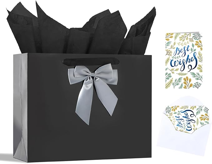 Bloomwords 13" Black Gift Bag Set - 1 Large Paper Bag with Bow, Greeting Card & 2 Tissues, Sturdy Handles for Birthdays, Father’s Day & Special Occasions