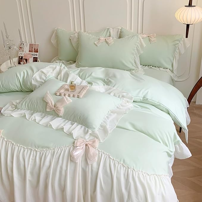Girls Lace Bedding, Queen Comforter Cover Set, Chic Ruffled Duvet Cover with Lovely Bow,Princess Style 1 Duvet Cover with 2 Pillowcases, No Comforter-Green,Queen Size