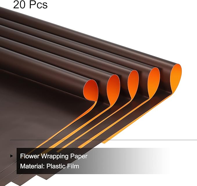 MECCANIXITY 20 Pcs Double Sided Color Flower Wrapping Paper Orange+Brown 22.8"x22.8" Waterproof for Florist Bouquet Supplies, DIY Crafts, Gift Box Packaging