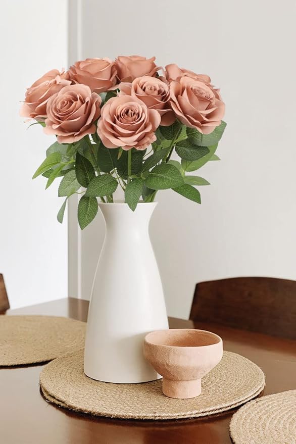 12pcs Roses Artificial Flowers Dusty Rose Fake Flowers with Long Stems Silk Flowers for Wedding Bouquet Centerpices Decorations Party Bridal Baby Shower Home Decor