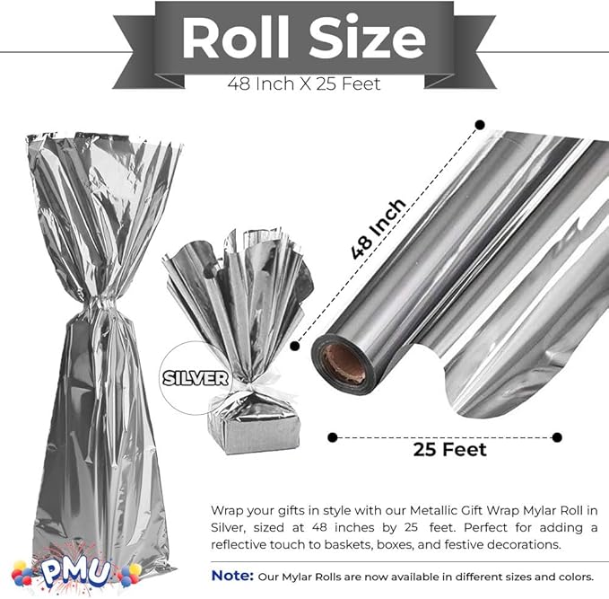 PMU Gift Wrap Mylar Roll Metallic Silver 2-sided, 48 Inches X 25 Ft Roll 1.4 Mil Highly Reflective Mylar Film, Great for Gifts, Birthdays, Christmas, Baskets, Arts & Crafts