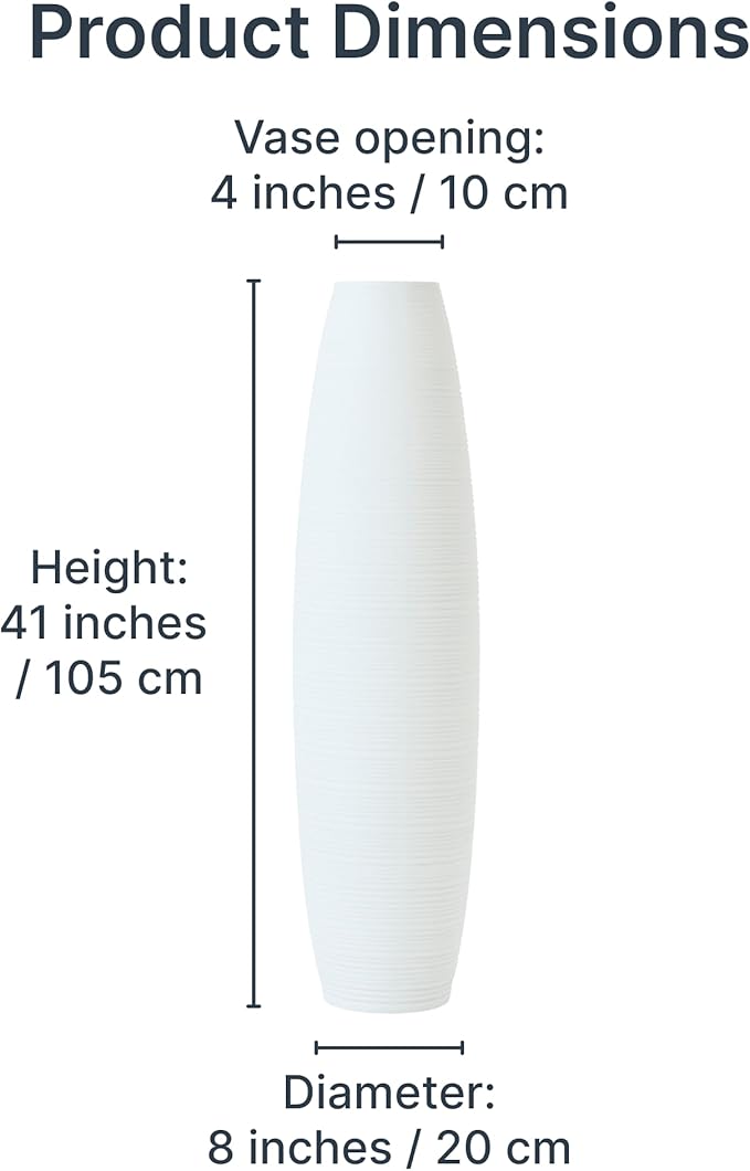 Leewadee Large 41″ Tall Floor Vase, White - Handcrafted Mango Wood for Pampas & Dried Stems