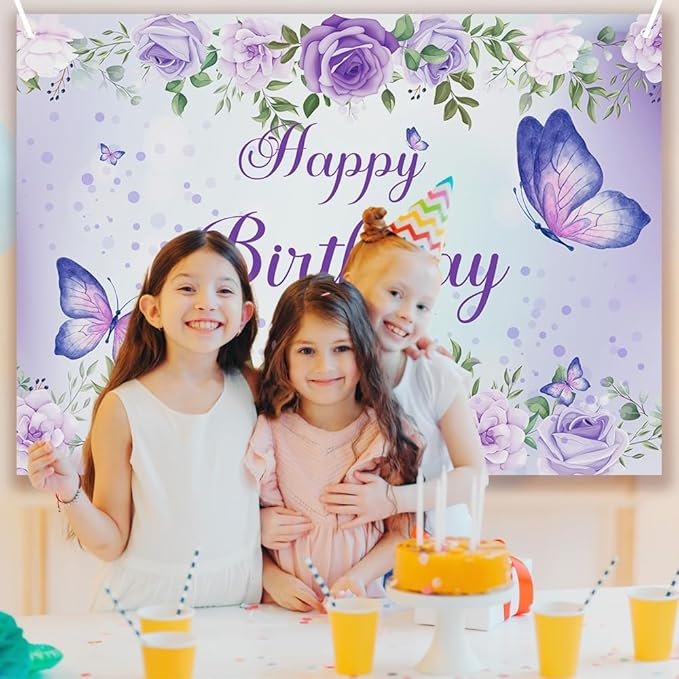 Purple Butterfly Birthday Banner Backdrop for Women Girl (59x36 inch) Purple Happy Birthday Decorations Banner for Women Rose Flowers Butterfly Backdrop Decortions for Girl