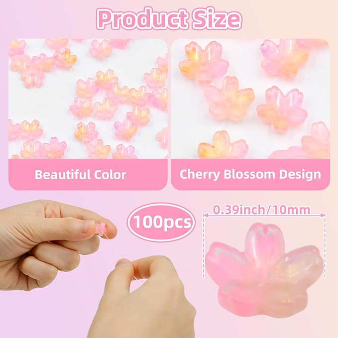 100pcs Glass Flower Beads, Gradient Pink Cherry Blossom Floral Beads for Jewelry Making Bracelets Earrings Necklace Pendant DIY Craft Beading Projects with Hole