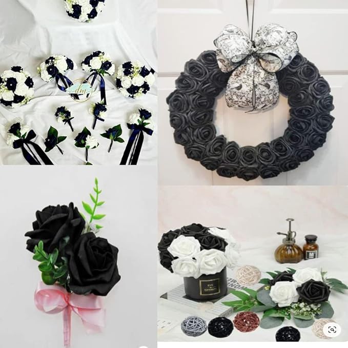 IPOPU Artificial Rose Flower Heads, 100 Pcs Real Looking Black Foam Fake Roses for DIY Wedding Baby Shower Centerpieces Arrangements Party Tables Home Decorations (Black, Stemless)