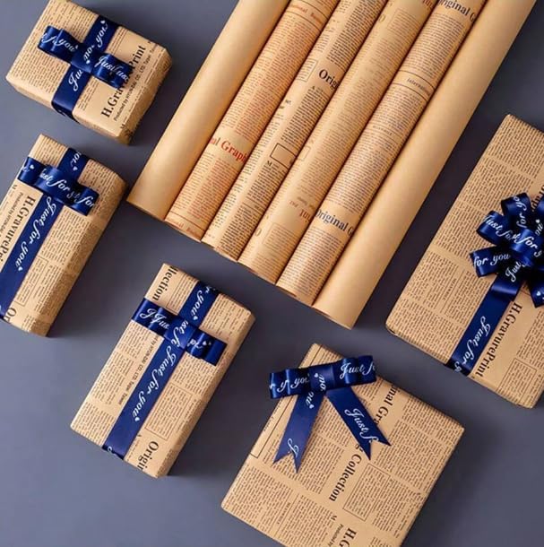 LeZakaa 20 Sheets Kraft Newsprint Flower Wrapping Paper -Reversible Floral Bouquet Paper -Brown Font Kraft Newsprint Design for Valentine's Day, Mother's Day, Parties, Birthdays, Weddings, Baby Shower