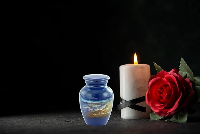 Footprints Keepsake Urn - Footprints Mini Cremation Urns for Ashes - Handcrafted Miniature Beach Sharing Urn - Mini Memorial Blue Urns with Premium Box & Velvet Bag (Keepsake)