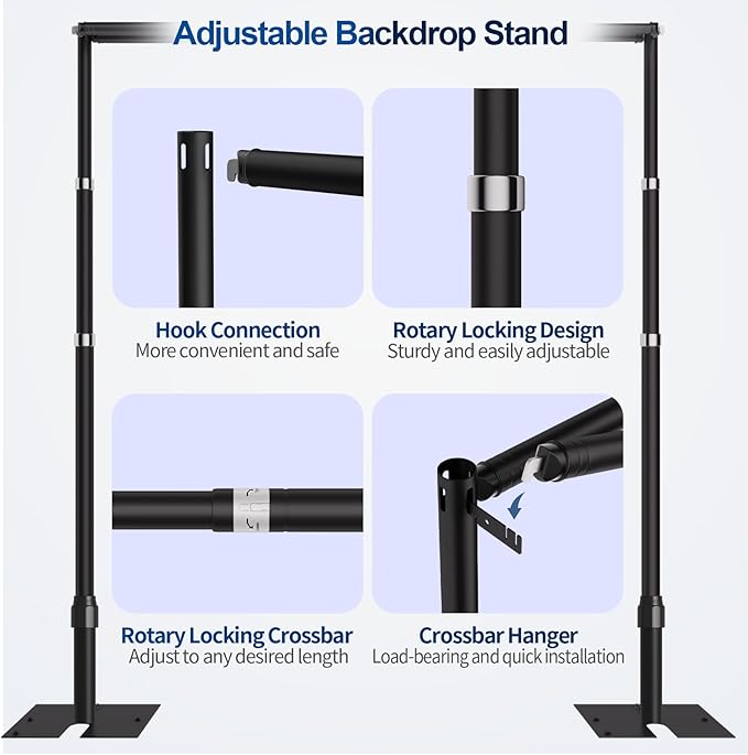 8.9x10ft Pipe and Drape Backdrop Stand, Double Crossbar, Heavy Duty Adjustable Background Frame with Metal Base for Parties Photography Wedding Photoshoot Decoration - Black