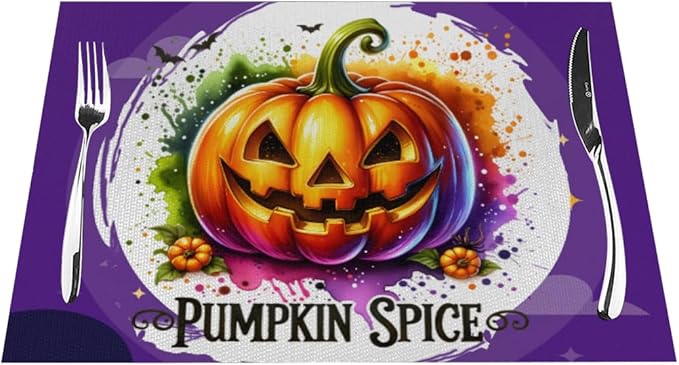 PVC Placemats Set of 1 Wipeable Table Mats Washable Heat Resistant Non Slip Vinyl Dining Table Mat for Kitchen Indoor Outdoor Patio Farmhouse Place Mats Funny Purple Halloween Pumpkin Decorative