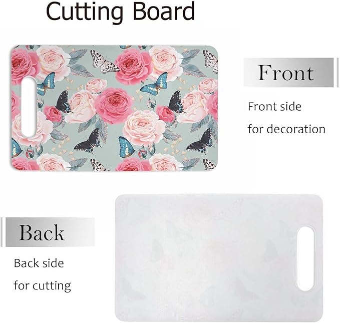 Butterfly Flowers Cutting Boards Peony Pink Roses Black Blue Blue Romantic Cutting Boards Kitchen Chopping Board with Handles Non Slip Plastic 16 x 10 x 0.24 Inch