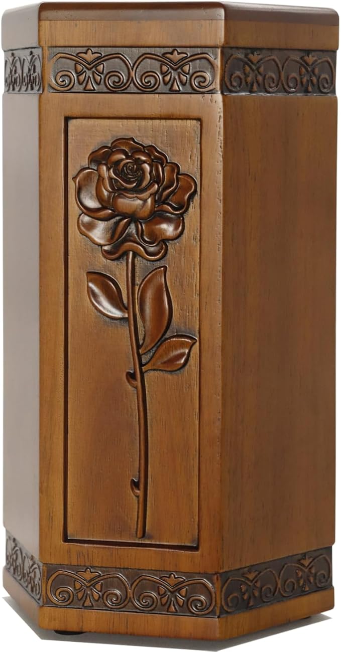 Urns for Wooden, Cremation Urn for Human Ashes Adult - Hand Engraving Rose Flower - Funeral Urn for Mother/Dad - Display Burial at Home or in Niche at Columbarium (Large Wood Decorative Urn