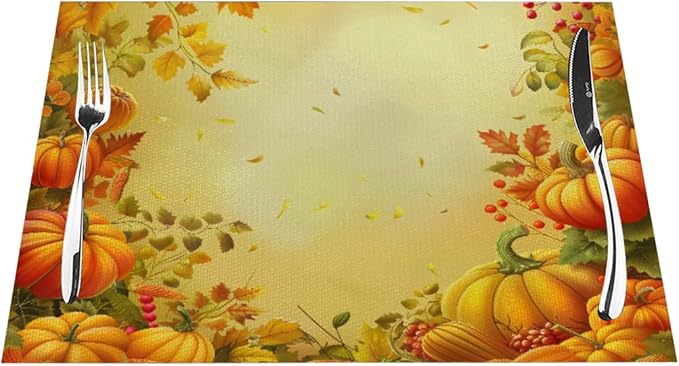 PVC Placemats Set of 1 Wipeable Table Mats Washable Heat Resistant Non Slip Vinyl Dining Table Mat for Kitchen Indoor Outdoor Patio Farmhouse Place Mats Thanksgiving Pumpkin Leaf Decorative