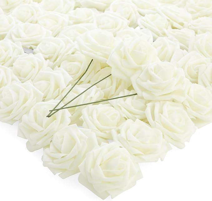 Bright Creations 3" Artificial Rose Flowers 60pcs Real Looking Fake Rose with Stem for DIY Wedding Bouquets and Bridal Shower, Cream