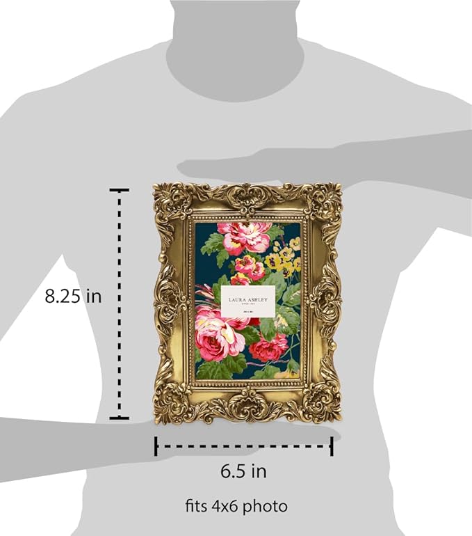 Laura Ashley 4x6 Gold Ornate Textured Hand-Crafted Resin Picture Frame with Easel & Hook for Tabletop & Wall Display, Decorative Floral Design Home Decor, Photo Gallery, Art, More (4x6, Gold)