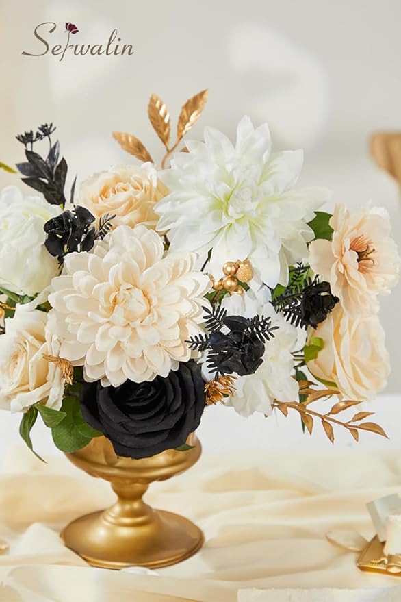Serwalin Artificial White & Black & Champagne Flowers, Silk Fake Flowers for DIY Wedding Bouquets Cake Flowers, Table Centerpieces Baby Shower Birthday Party Home Decorations