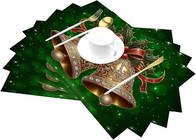 PVC Placemats Set of 6 Wipeable Table Mats Washable Heat Resistant Non Slip Vinyl Dining Table Mat for Kitchen Indoor Outdoor Patio Farmhouse Place Mats Green Christmas Bell Decorative