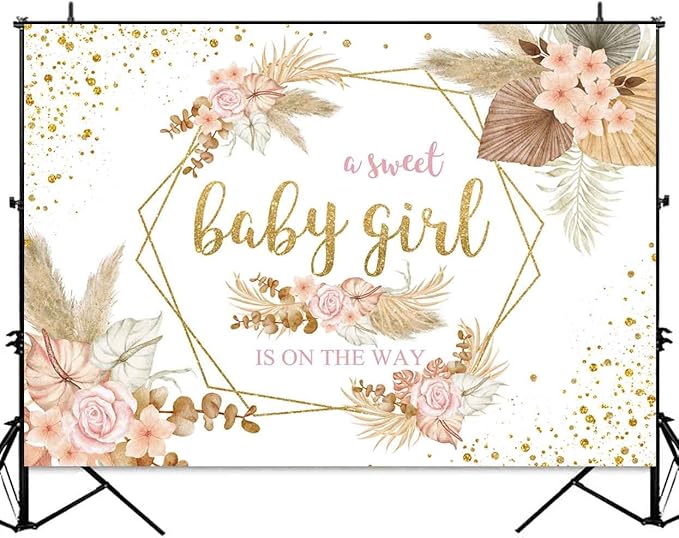 Sensfun Boho Sweet Girl Baby Shower Backdrop It's A Girl Baby Shower Photography Background Blush Pink Floral Pampas Grass Party Decorations Banner Newborn Photo Shoot Props 7x5ft