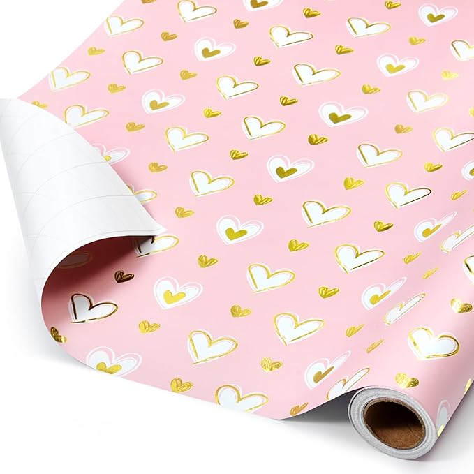 WERNNSAI Valentine Wrapping Paper Roll - 1 Roll 17”x 33 Valentines Day Gift Wrap Paper Pink Love Heart Gift Packing Decorations for Girls Women Bridal Shower Wedding Supplies