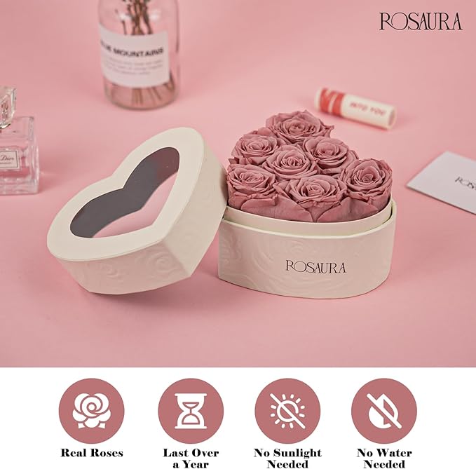 Rosaura Heart-Shaped Preserved Roses Gift Box - Real Forever Flowers for Birthday, Valentine's & Mother's Day (Cappuccino, 7 Roses)