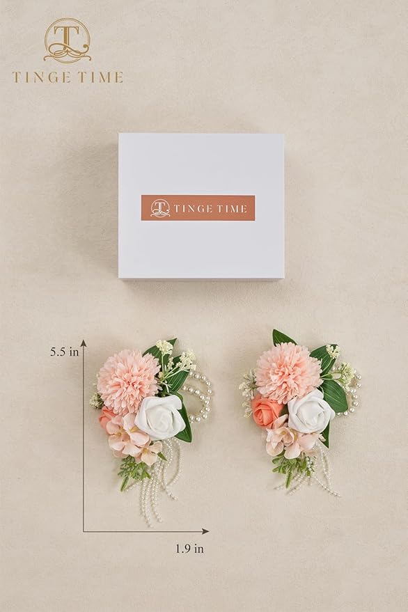 TINGE TIME Set of 2 Wrist Corsage Bracelets Pearl Wristlet Band Bridesmaid Bracelet for Wedding Ceremony Bridal Shower Wedding Artificial Flower Prom (CoralPink&Champagne)