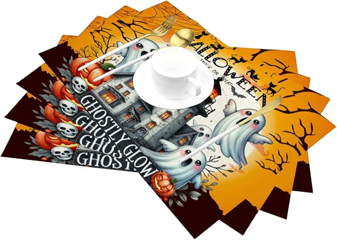 PVC Placemats Set of 4 Wipeable Table Mats Washable Heat Resistant Non Slip Vinyl Dining Table Mat for Kitchen Indoor Outdoor Patio Farmhouse Place Mats Black Halloween Castle Decorative