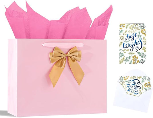 Bloomwords 13" Pink Gift Bag Set - 1 Large Paper Bag with Bow, Greeting Card & 2 Tissues, Sturdy Handles for Birthdays, Mother's Day & Special Occasions