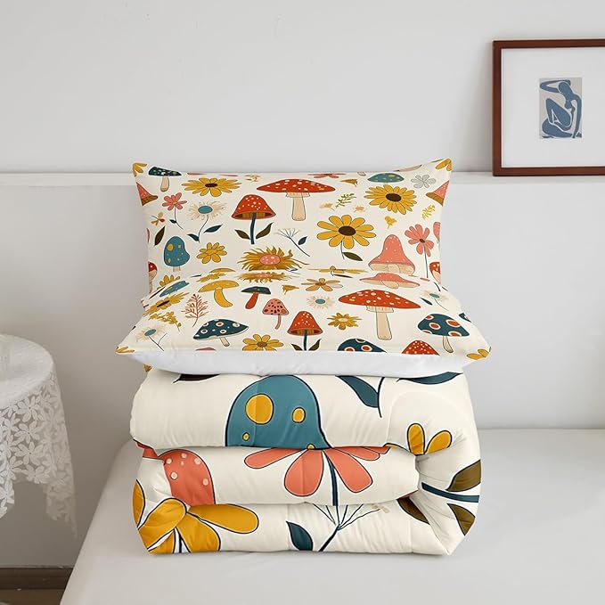 Castle Fairy Retro Mushroom Flowers Comforter Set Full Size,70s 60s Groovy Bedding Comforters Room Decor,Vintage Boho Plant Floral Quilt Set with 2 Pillowcases,Teens Present