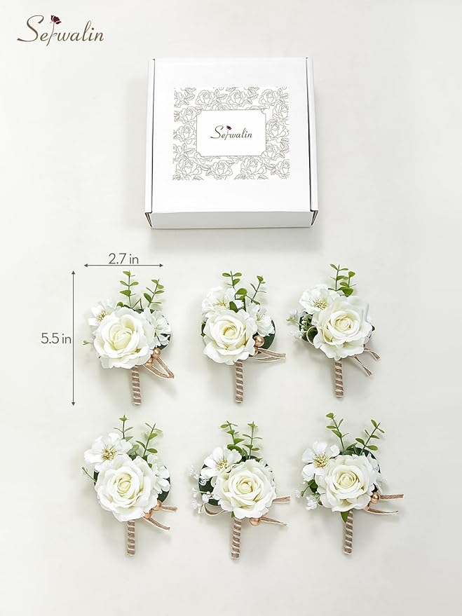 Serwalin 6PCS Ivory Rose Boutonniere for Men Wedding Groom Groomsmen Best Man Artificial Flowers Boutonniere for Wedding Ceremony Anniversary Prom Flowers Formal Dinner Party