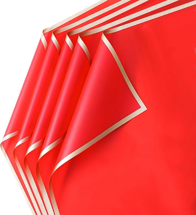 Bupduq 30 Sheets Red Gold Edge Flower Bouquet Wrapping Paper，Florist Supplies Waterproof Floral Bouquet Wrapping Paper Bouquet Accessorie，Flower Shop Packaging Pape for DIY Gift Wedding Birthday