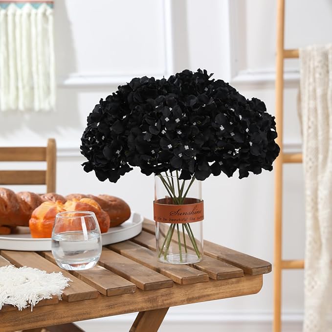 Tifuly Hydrangea Artificial Flowers -12 pcs Realistic Fake Hydrangea Silk Flowers with Stems Faux Hydrangea Flowers Heads for Office Home Party Wedding Centerpiece DIY Floral Decor（Black）