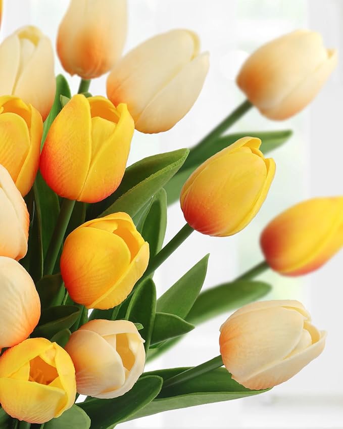 MACTING 30 PCS Artificial Tulip Flowers 13.7" Real Touch Fake PU Tulips Bouquet Faux Flowers for Floral Arrangements Table Centerpiece Home Kitchen Indoor Outdoor Summer Decor (Mix Yellow)