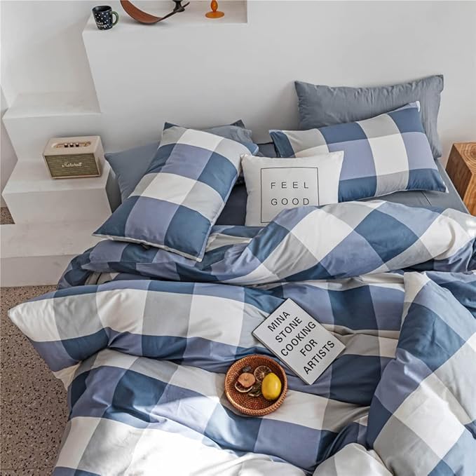 LifeTB Twin XL Comforter Set Modern Style Plaid Checkered Pattern Comforter Soft Fluffy Blue White Grey Geometric Comforter with 2 Pillowcases for Men Boy Teen All Seasons Comforter Set Twin XL Size