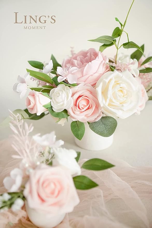 Ling's moment Artificial Flowers 25Pcs Pink Cream Roses Decor w/Stems,3" Real Touch DIY Foam Floral for Wedding Bouquet/Centerpieces, Outdoors Party Backdrop, Room/Table, and Garden/Pot Decorations