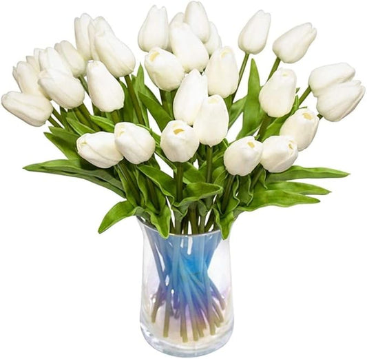 NIDONE Artificial Tulips Flowers Real Touch Tulips Holland PU Bouquet Latex Flower White for Wedding Party Office Home Kitchen Decoration 30pcs (White)