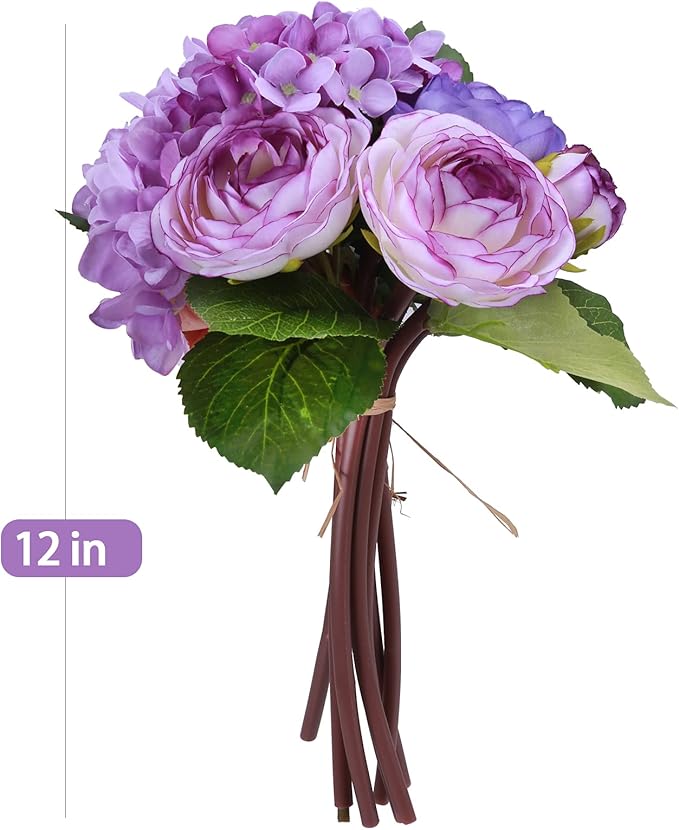 Felice Arts 12" Purple Hydrangea Silk Flowers Bouquet, Peonies Artificial Flowers for Wedding Bridal Bouquets Home Table Centerpieces Baby Shower Floral Decor (7 Heads Tea Rose & Hydrangea)