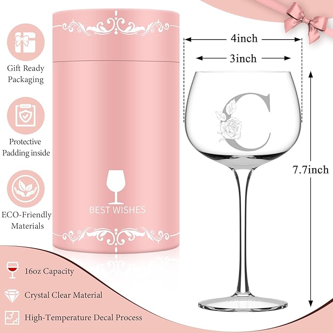 Personalized Gifts for Women, Monogrammed A-Z Wine Glass Customized Gift, Unique Christmas Birthday Gifts for Women Her Mom Friend Sister Wife Daughter Nurse (C)