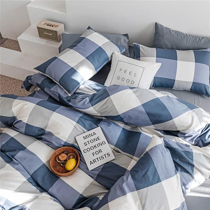 Queen Comforter Set Modern Style Checkered Pattern Comforter Boho Farmhouse Blue White Grey Geometric Plaid Comforter with 2 Pillowcases Soft Fluffy 3 Pieces Lightweight Bedding Set for All Season