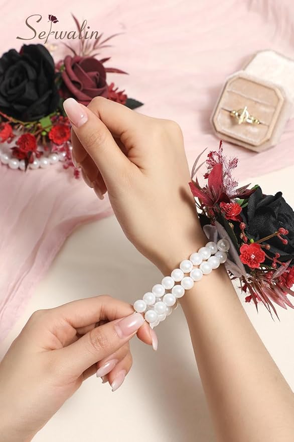 Serwalin Set of 2 Wrist Corsage for Wedding, 6-7inch Corsages Wristlet for Bridesmaid Mother Grandmother, Artificial Flowers for Prom Ceremony Anniversary, Black Burgundy