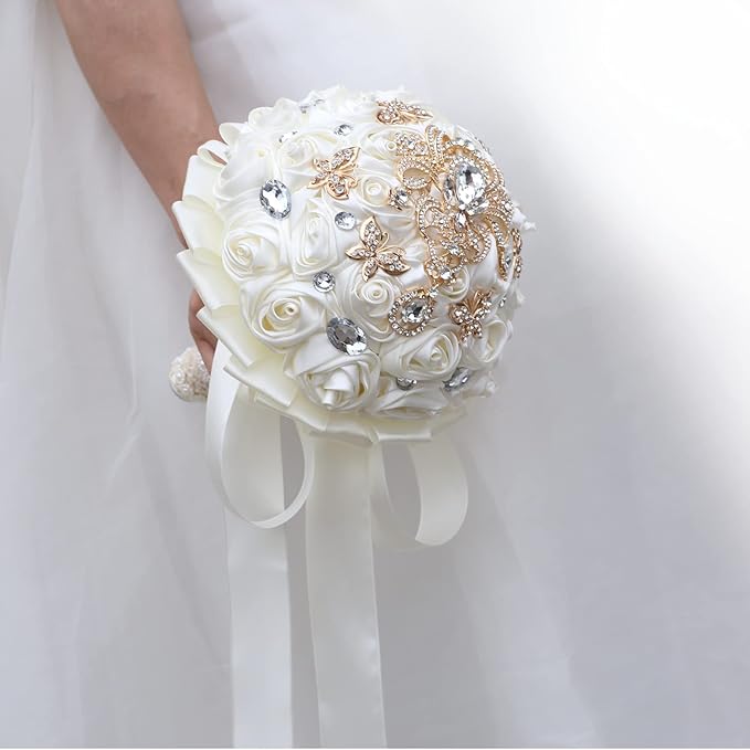 Handmade Brooch Wedding Flowers Bridal Bouquets Crystal Bride Holding Bouquet White Ivory Satin Roses with Diamond Pearl Ribbon (Luxury-Glod)
