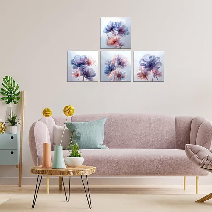 Pankila Canvas Flowers Wall Art Blooming Flowers Pictures Prints Blue Pink Flower Wall Decor for Living Room Bedroom Bathroom Home Decorations Painting Framed Artwork (24''W x 24''H x 4)